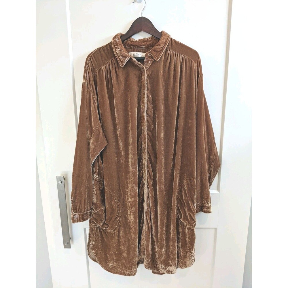 Free People We The Free Velvet Button Down Tunic Shirt Dress Copper Rust L Large